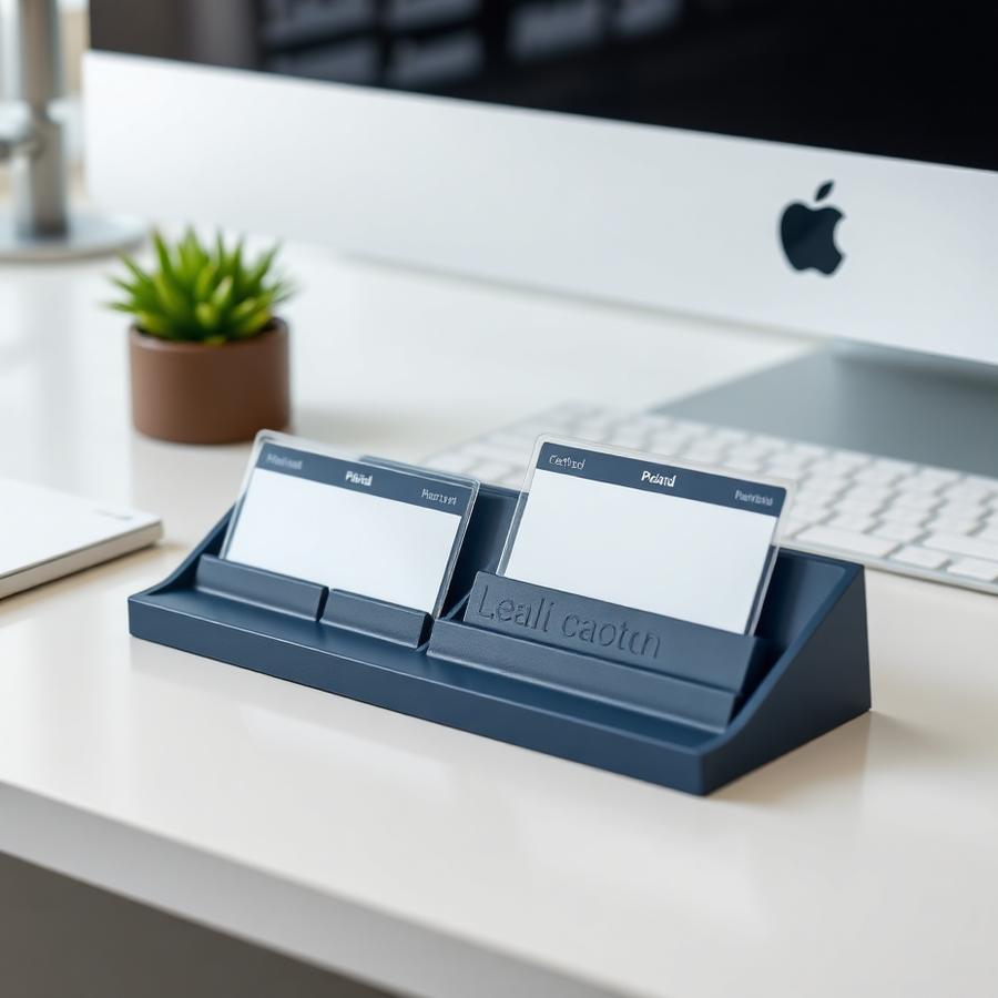 Custom 3D printed ID card holders on an office desk